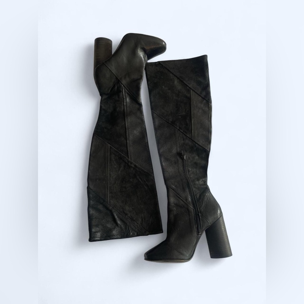Black patchwork leather knee high boots with‎ a chunky heel pointed toe size 5.5